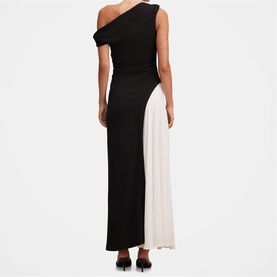 Model wearing Forever New black and white one-shoulder maxi dress with colour-block panel detail, shown from the back