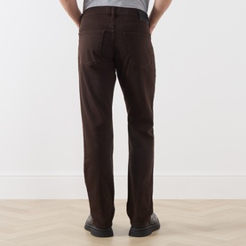 Model wearing Citizens of Humanity 3049 Straight Jeans in Tobacco, rear view, styled with dark leather shoes