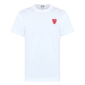 Comme Des Gar&ccedil;ons Play Double Heart Embroidered Logo T-Shirt in white with red stacked heart logo on chest, crew neck, short sleeves
