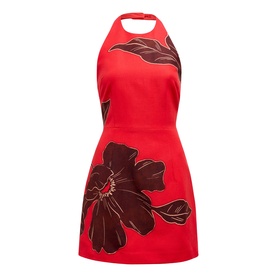 Forever New red halterneck mini dress with large dark floral print, open back, A-line silhouette in Red Dryden