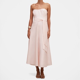 Model wearing Forever New pink strapeless midi dress with tie waist belt, styled with brown heeled sandals and gold bracelet.