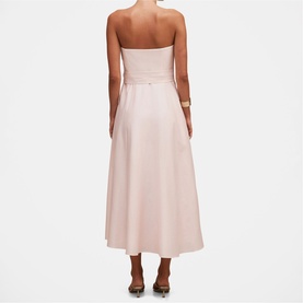Model wearing Forever New pink strapless midi dress with fitted bodice and full A-line skirt, shown from the back