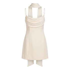 Forever New Cannoli Cream mini dress with cowl neckline, halterneck straps, and draped scarf detail. Sleeveless, A-line silhouette.