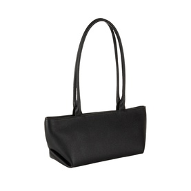 DeMellier New York Leather Shoulder Bag in black grained leather with elongated handles, gold-tone hardware, and structured silhouette