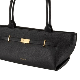 DeMellier New York Leather Shoulder Bag in black grained leather with gold-tone hardware, signature belt detail and elongated shoulder handles