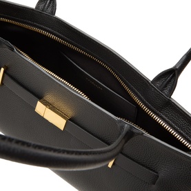 DeMellier New York Leather Shoulder Bag in black, interior view showing zip pocket, open compartments and gold-tone hardware detail
