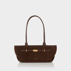 DeMellier New York Suede Shoulder Bag in Mocha, elongated handles, signature belt detail with gold-tone hardware, softly structured silhouette
