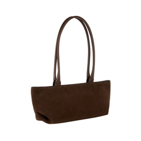 DeMellier New York Suede Shoulder Bag in Mocha, elongated double handles, structured silhouette, gold-tone hardware, clean base detail