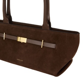 DeMellier New York Suede Shoulder Bag in mocha, close-up of signature belt detail with gold-tone hardware clasp