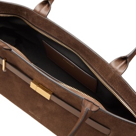 DeMellier New York Suede Shoulder Bag in Mocha, open top view showing gold-tone zip, black interior lining and signature belt detail.