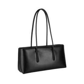 DeMellier Stockholm Shoulder Bag in black grained leather, East-West silhouette, tubular shoulder handles, gold-tone hardware, top zip fastening