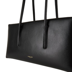 DeMellier Stockholm Shoulder Bag in black grained leather with tubular handles, gold-tone logo branding, curved East-West silhouette