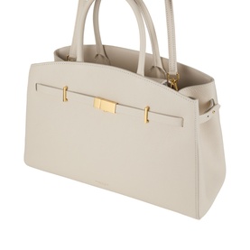 DeMellier The Hudson Midi Top Handle Bag in Chalk grained leather with gold-plated hardware, signature belted strap and magnetic flap fastening