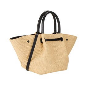 DeMellier The New York Midi Top Handle Bag in warm raffia and black, woven finish with tubular black leather handles and gold-tone hardware