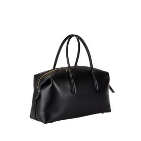 DeMellier The Stockholm Midi Top Handle Bag in black grained leather with gold-plated hardware, dual tubular handles and top zip fastening