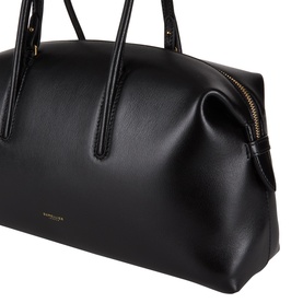 DeMellier The Stockholm Midi Top Handle Bag in black grained leather with gold-tone zip and tubular top handles, signature side-tab detail visible.