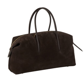 DeMellier The Stockholm Midi Top Handle Bag in Dark Chocolate suede, gold-plated hardware, dual tubular top handles, top zip fastening