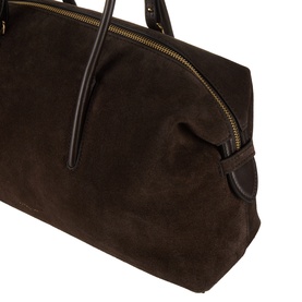 DeMellier The Stockholm Midi Top Handle Bag in Dark Chocolate suede, close-up of top zip fastening and tubular handles with gold-tone hardware