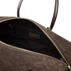 DeMellier The Stockholm Midi Top Handle Bag in Dark Chocolate suede, open top view showing gold-tone zip, interior pocket and logo branding.