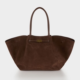 DeMellier The New York Suede Top Handle Bag in mocha suede, triangular side-fold tote with tubular handles and gold-tone hardware