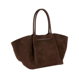 DeMellier The New York Suede Top Handle Bag in Mocha, tubular handles, triangular side-fold construction, gold-plated hardware, suede finish