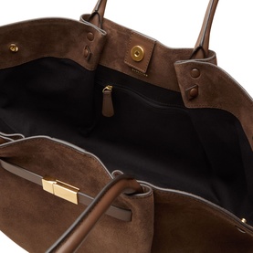 DeMellier The New York Suede Top Handle Bag in Mocha, interior view showing black lining, zip pocket, and gold-plated hardware details