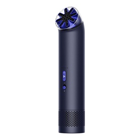 Dyson HushJet Mini Cool Fan in Ink and Cobalt, compact handheld design with circular fan head and blue LED display