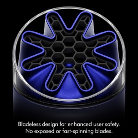 Dyson HushJet&trade; Mini Cool Fan in Ink/Cobalt, close-up of bladeless design with cobalt blue and black hexagonal grille detail.