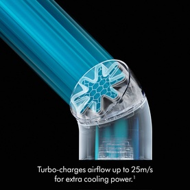 Dyson HushJet&trade; Mini Cool Fan close-up of turbo-charged airflow nozzle in teal, showing internal fan blade detail
