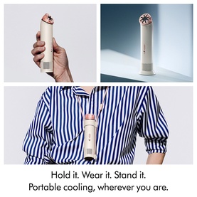 Dyson HushJet&trade; Mini Cool Fan in Stone/Blush shown handheld, standing upright, and worn around neck on striped outfit