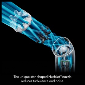 Dyson HushJet Mini Cool Fan star-shaped nozzle close-up, showing airflow design that reduces turbulence and noise, in blue tones