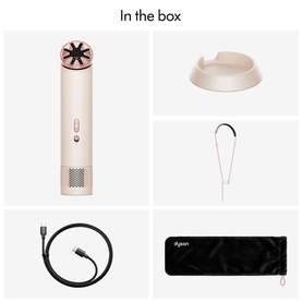 Dyson HushJet&trade; Mini Cool Fan Stone/Blush in-the-box contents: fan, stand, cleaning pin, charging cable, and storage pouch