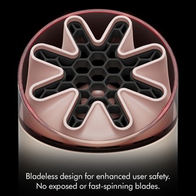 Dyson HushJet&trade; Mini Cool Fan Stone/Blush bladeless inlet detail in rose and black, highlighting safe bladeless design.