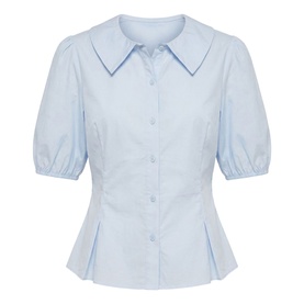 Forever New soft blue short puff sleeve button-front blouse with pointed collar and pleated peplum hem