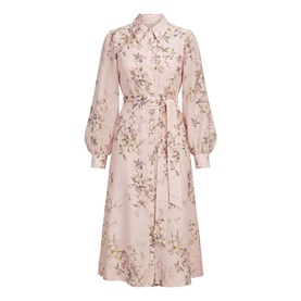 Blush pink floral print midi shirt dress with point collar, puff sleeves, self-tie belt, and A-line skirt