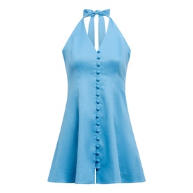 Forever New blue halterneck mini dress with tie neck detail and front button placket, A-line silhouette