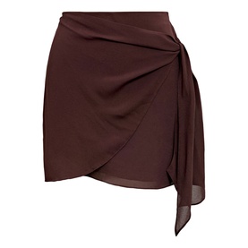 Chocolate brown chiffon wrap mini skirt with draped tie detail and asymmetric hem