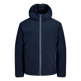 Navy blue padded hooded jacket with zip fastening and contrast blue zip tape detail, mixed texture panels