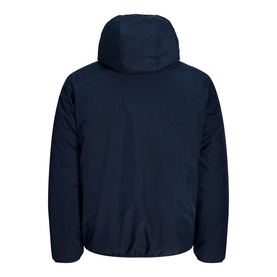 Model wearing navy blue hooded padded jacket, shown from the back, with adjustable hem and structured shoulders