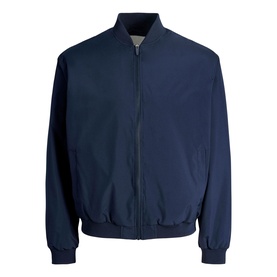 Navy blue bomber jacket with ribbed collar, cuffs and hem, full zip fastening, clean minimal style