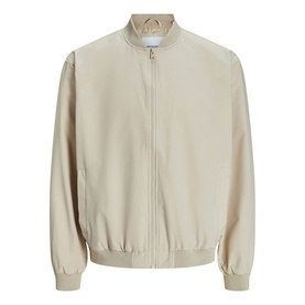 Stone zip-up bomber jacket with ribbed cuffs, hem and stand collar, long sleeves, clean minimal design