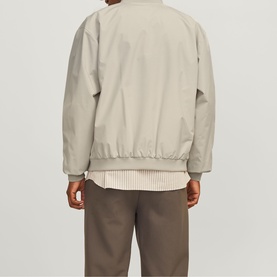 Model wearing a light grey bomber jacket with ribbed hem, styled with a striped shirt and taupe trousers, rear view