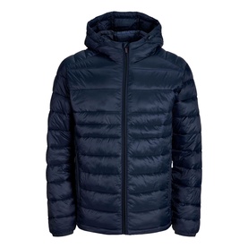 Navy quilted puffer jacket with hood, zip fastening, and lightweight padded construction