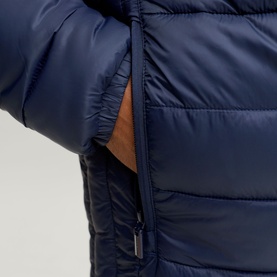 Jack & Jones Kingsley Light Hooded Puffer Jacket in Navy Blazer, close-up of zip-fastened front pocket on quilted nylon body