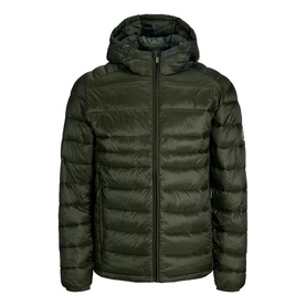 Olive green lightweight quilted puffer jacket with attached hood and zip fastening, shown as a flat product shot