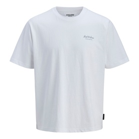 Model wearing white crew neck short sleeve t-shirt with small Jack & Jones chest logo print
