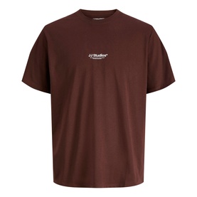 Dark brown JJ Studios crew neck T-shirt with small chest logo print, short sleeves, relaxed fit