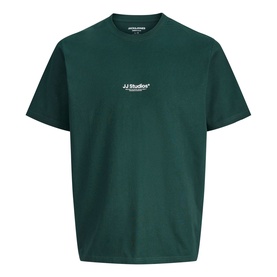 Jack & Jones JJ Studios dark green crew neck T-shirt with small chest logo print, short sleeves, relaxed fit