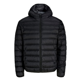 Black hooded puffer jacket with zip fastening, quilted panels and ribbed cuffs, lightweight padded design