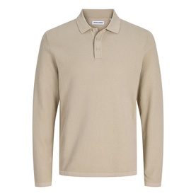 Jack & Jones beige long-sleeve polo shirt with three-button placket and ribbed collar, flat lay product shot